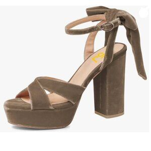 FSJ Light Brown Platform Chunky High Heel Velvet Peep Toe Bowtie Strappy Sandals